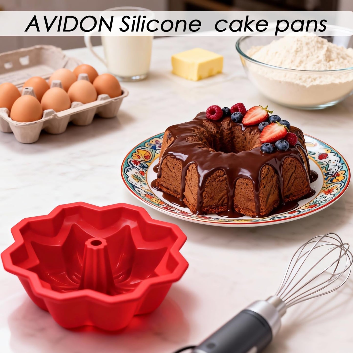 AVIDON 9.5inch Cake Pan, Fluted Tube Cake Pan for Cupcakes, Donuts, Muffins, 1 packs Non-stick Silicone Baking Molds (9.5 inch pan)