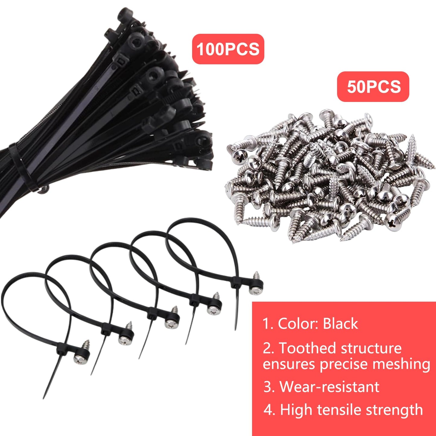 100 PCS Nylon Universal Cable Tie Buckle, Zip Ties With Screw Hole, with 50 PCS Screw Hole 75 lbs Mountable head Cable management Ties for Indoor & Outdoor Use