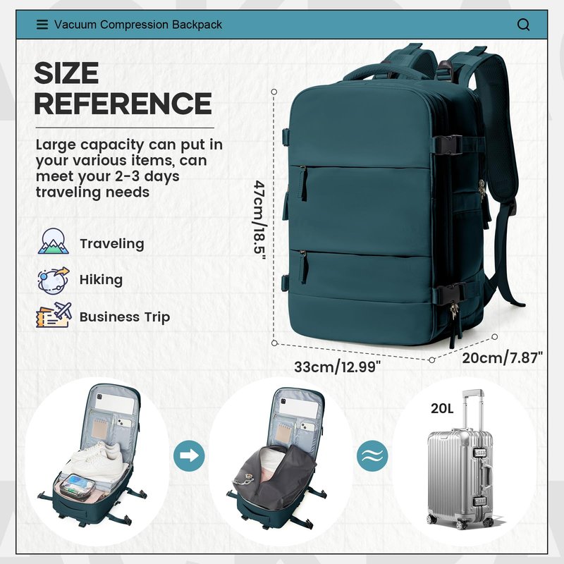 UPPACK Vacuum Travel Backpack for Women Men Large Carry on Backpack Flight Approved Personal item Travel Bag Essentials With Vacuum System,Wet and Dry Separation Bag Peacock Blue NO Pump