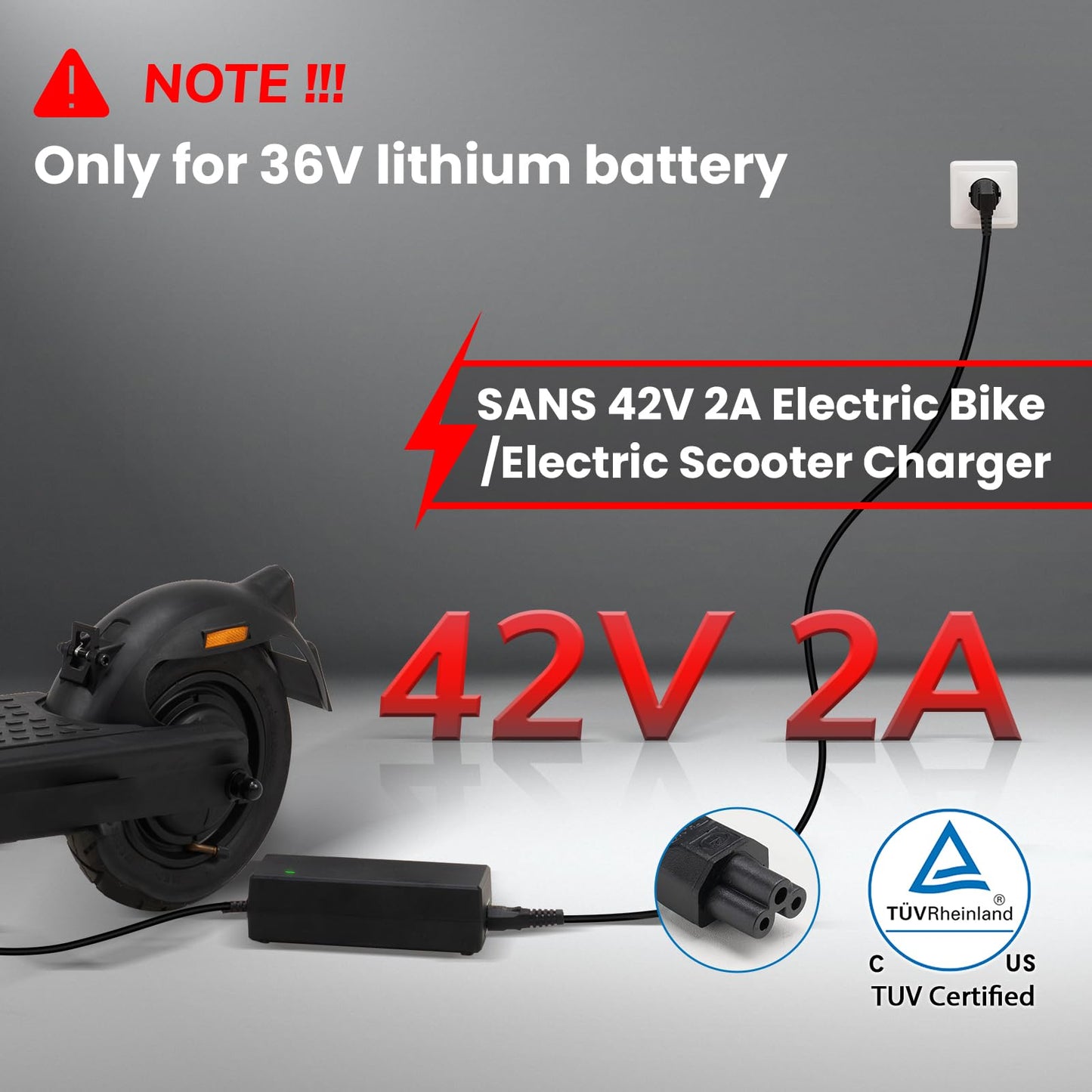 E-Mangue 36V Lithium Battery Charger Output 42V 2A for Electric Bike Battery Scooter Batteries, Charger with DC2.1 Jack Connector (5.5X2.1mm)