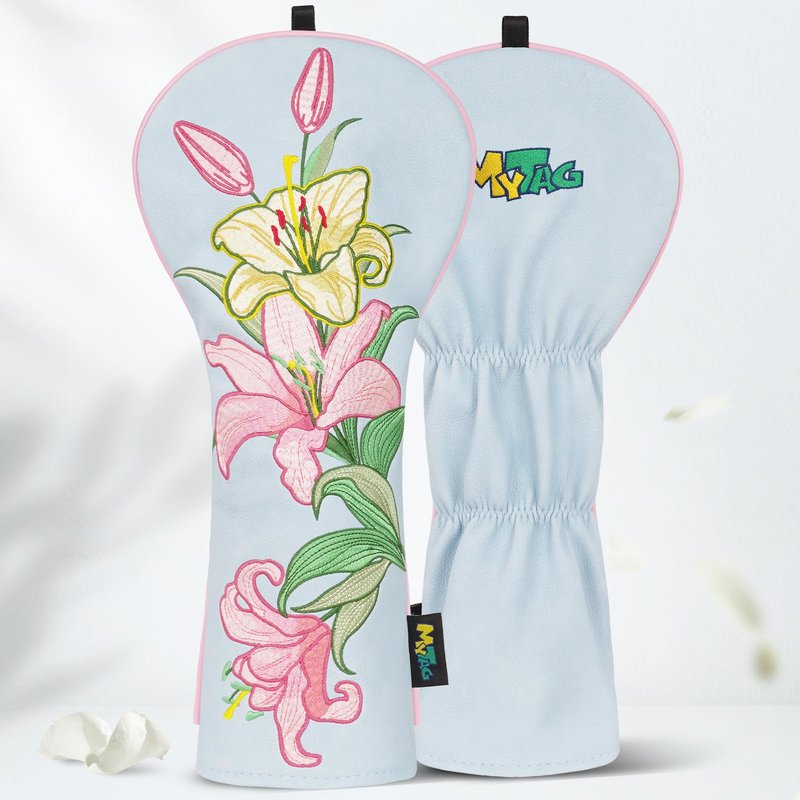 mytag Lily Driver Headcover Heavy Embroidery, Cute Golf Driver Head Cover Fits 460CC Head, Headcover for Girl Women, Light Blue
