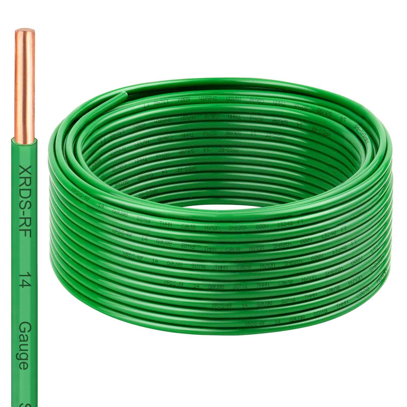 14 AWG THHN Wire 50FT – Single Bare Copper Conductor, Green Electrical Building Wire with Nylon Insulation for Panel Wiring, Grounding, Lighting Circuits, Control Systems