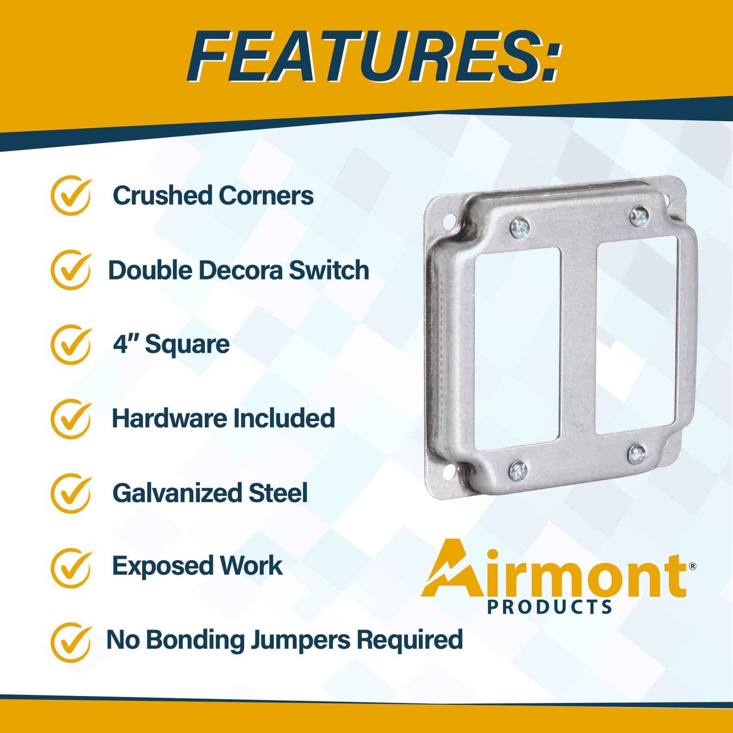 (Pack of 4) 4" Square Double Decora Switch Electrical Box Cover, 1/2" Raised, Exposed Work, Galvanized Steel, Crushed Corners, 2-Gang