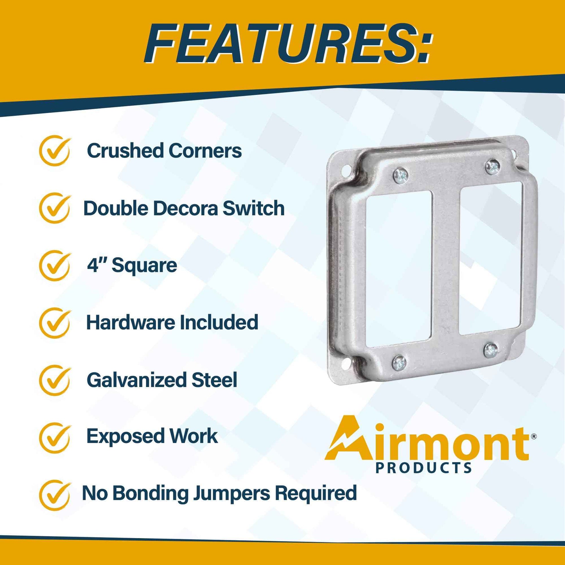 (Pack of 4) 4" Square Double Decora Switch Electrical Box Cover, 1/2" Raised, Exposed Work, Galvanized Steel, Crushed Corners, 2-Gang