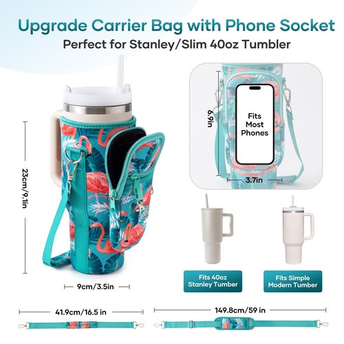 linmaya Water Bottle Carrier Bag for Stanley Cup 40/30oz with Phone Holder Pocket, Neoprene flamingo Water Bottle Cross-body Carrier Bag with Adjustable Shoulder & HandStraps