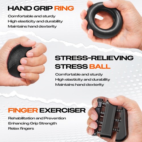 Grip Strength Trainer Kit (10-Pack): Adjustable Hand Gripper & Forearm Strengthener with Finger Stretcher, Ring, Stress Ball & 5 Bands for Muscle & Recovery.