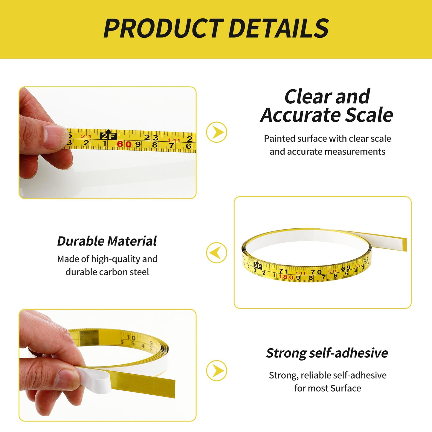 2 Packs Steel Self-Adhesive Measuring Tape, Right to Left Reading 200cm or 78-Inch Imperial and Metric Ruler Tape, 1/2-Inch Peel and Stick Tape Measure for Woodworking, Saw, Drafting Table, Yellow