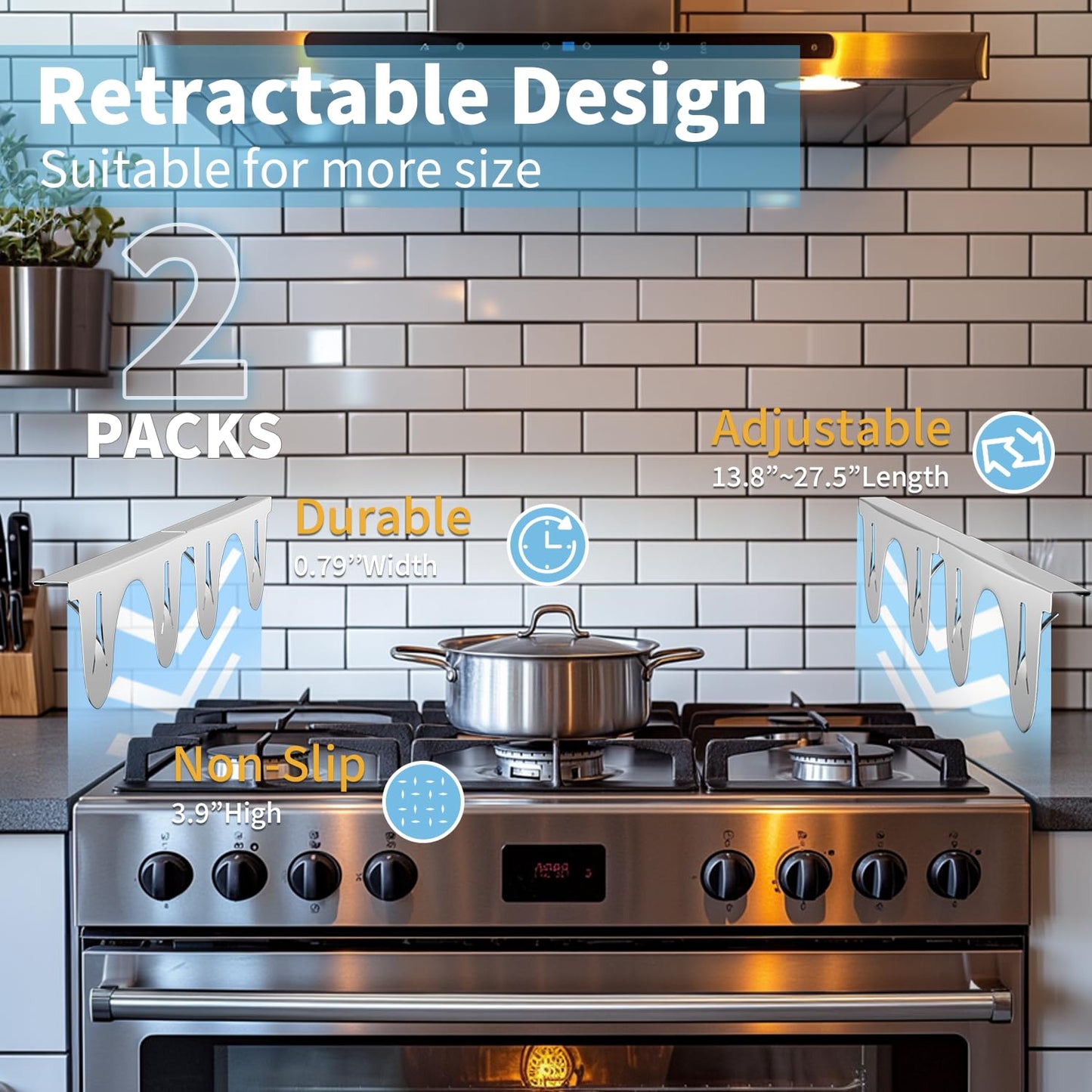 Stove Gap Covers Stainless Steel, 2 Pack, Stove Gap Filler, Stove Gap Guard, Range Trim Kit, Heat Resistant, Easy Clean, Retractable, Length 13.8” to 27.5”