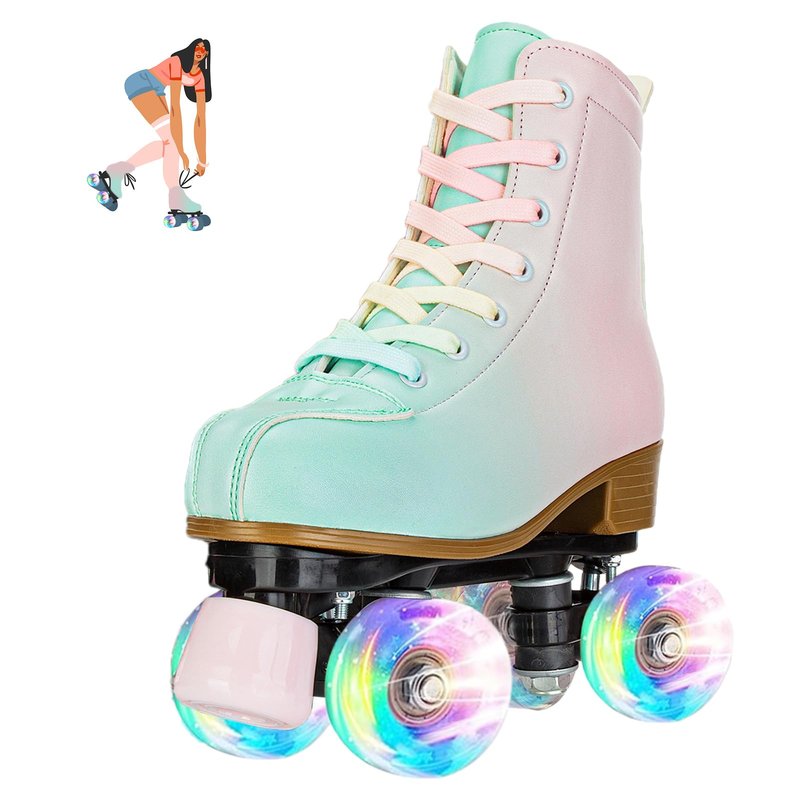 jessie Roller Skates for Girl and Women, PU Leather Fantastic Flash Wheel Kid Roller Skates Girls Ages 6-12 Beginner for Indoor Outdoor (Green Pink 35)
