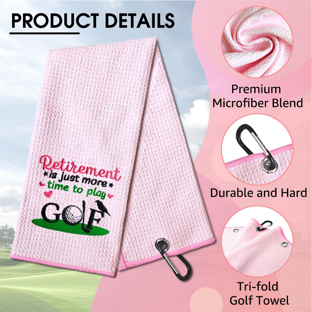 TOUNER Retirement is Just More Time to Play Golfing Towels, Ladies Golf Gifts, Golfing Bag Towel Present, Ladies Golf Accessories for Retirement Christmas Birthday Towel Gifts for Grandma, Mom