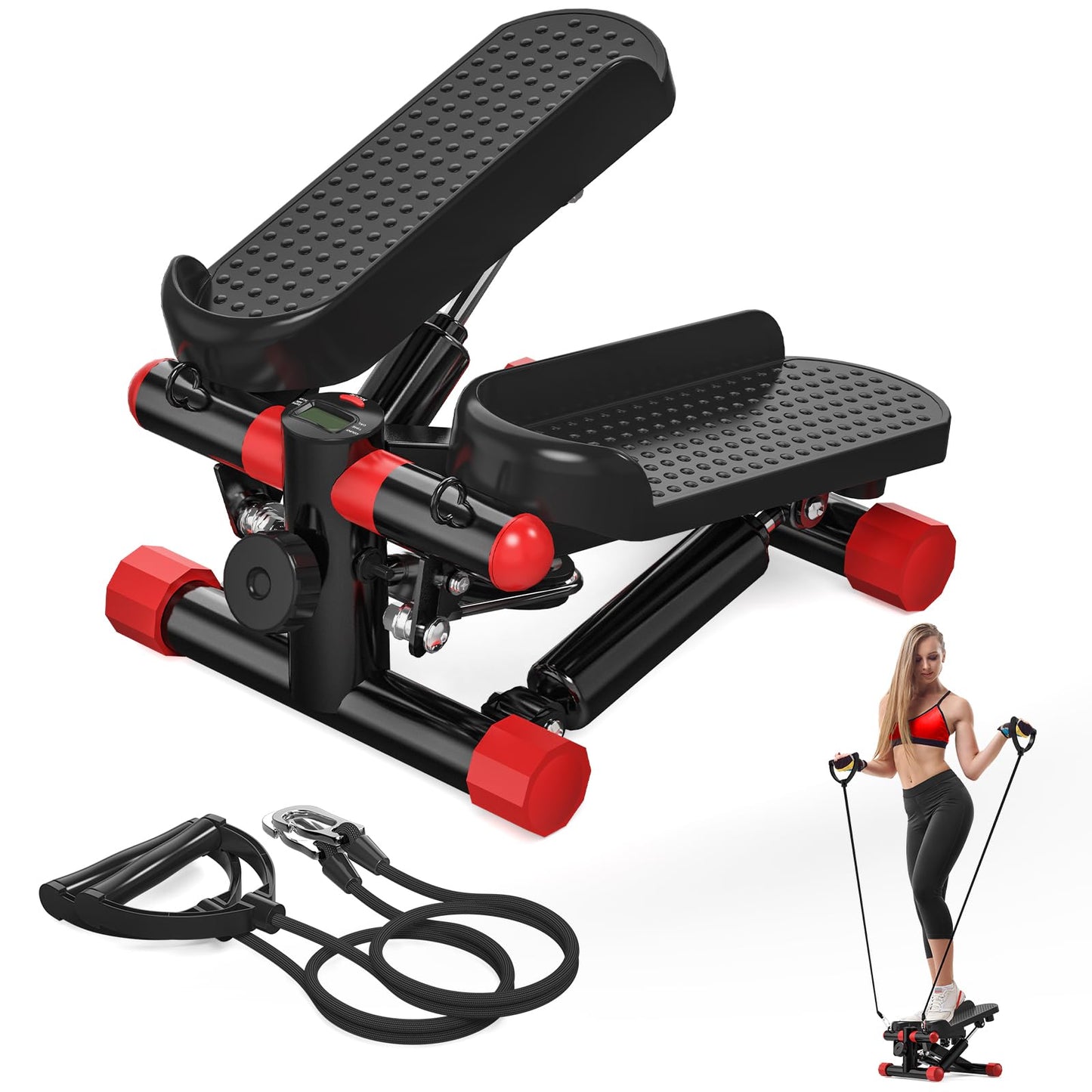 LUBBYGIM Mini Stepper with Resistance Bands, Steppers for Exercise at Home, Stair Stepper with 350lbs Loading Capacity for Full Body Workout, Red