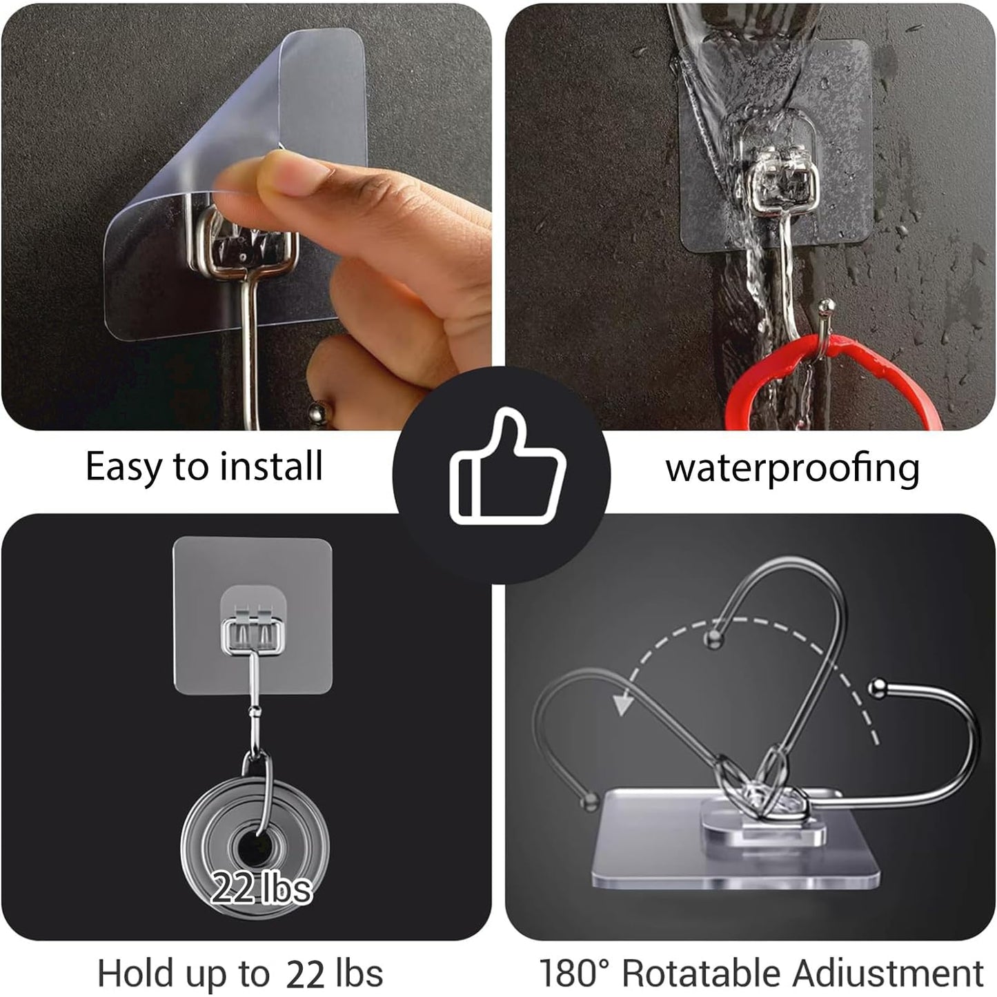 Adhesive Hooks for Hanging, Wall Hooks Self Adhesive Towel Coat Waterproof Transparent Hook for Bathroom Shower Kitchen Keys Door Outdoor Home Improvement Utility Hook 18 Pack Hold 40 lb(Max)