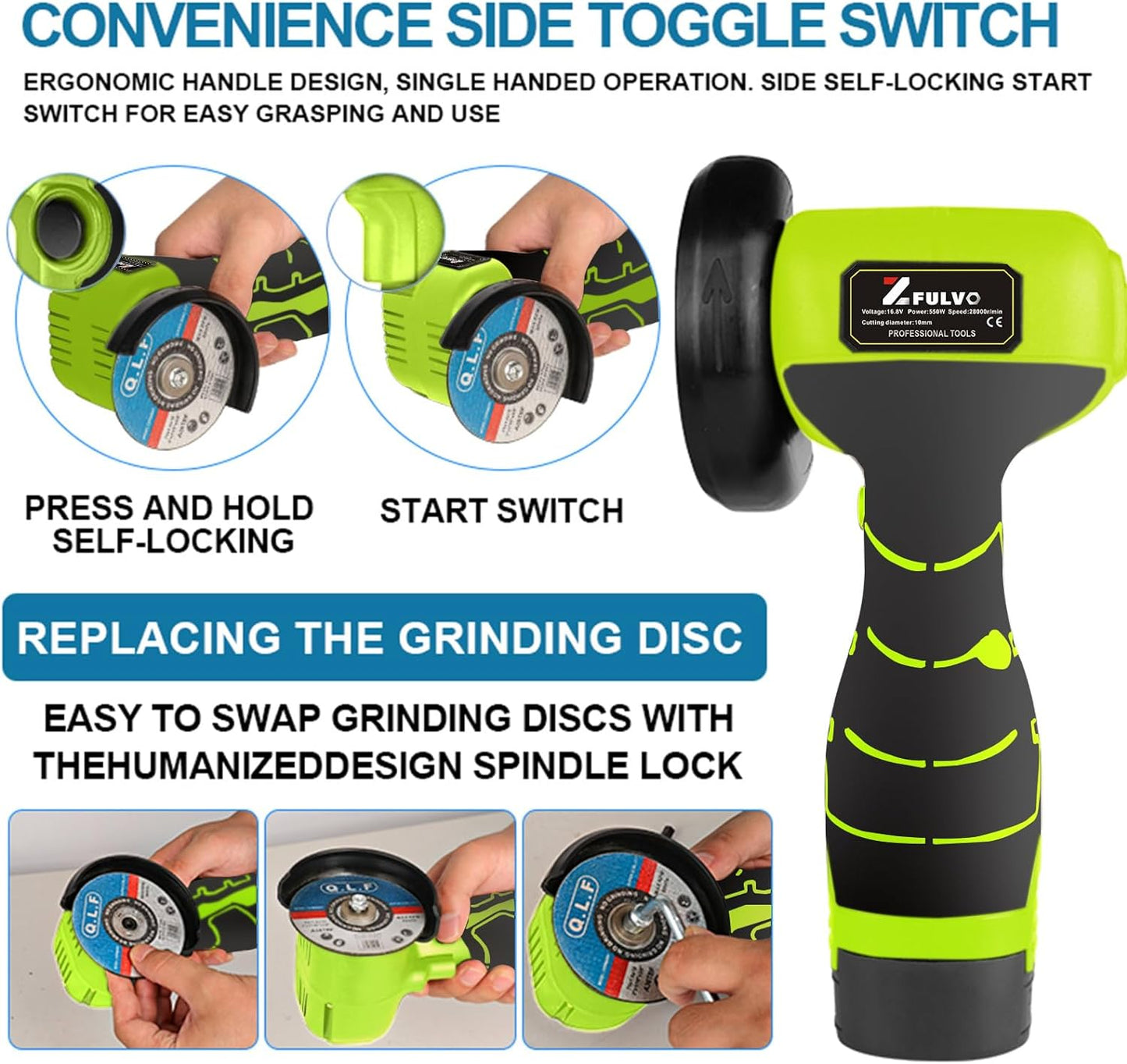 Mini Cordless Angle Grinder Kit - 19500 RPM Electric Tool with 2 Batteries & 5 Cutting Discs for Metal & Wood