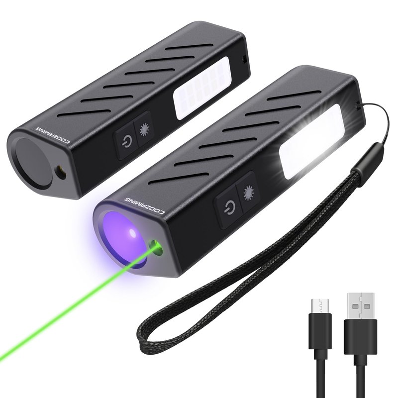 365nm UV Flashlight, EDC Rechargeable Flashlight with Black Light, Green Laser Pointer, Side Lights, 3 in 1 Mini Portable for Pet Urine Detection, Stains Detection, Cure Resin, Scorpion Detector 2Pack