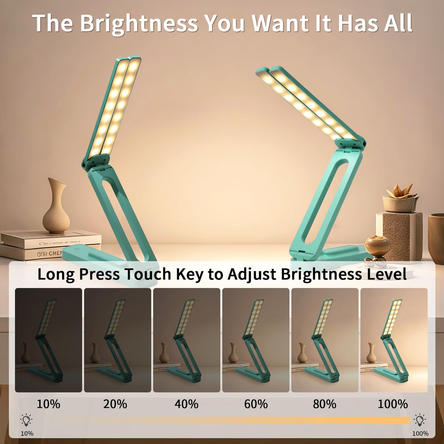 Bsdgeclogy Foldable and Adjustable LED Desk Lamp, Dual Head Portable Book Light with Stepless Dimming and 3 Color Modes for Bedside, Reading or Travel(Blue)