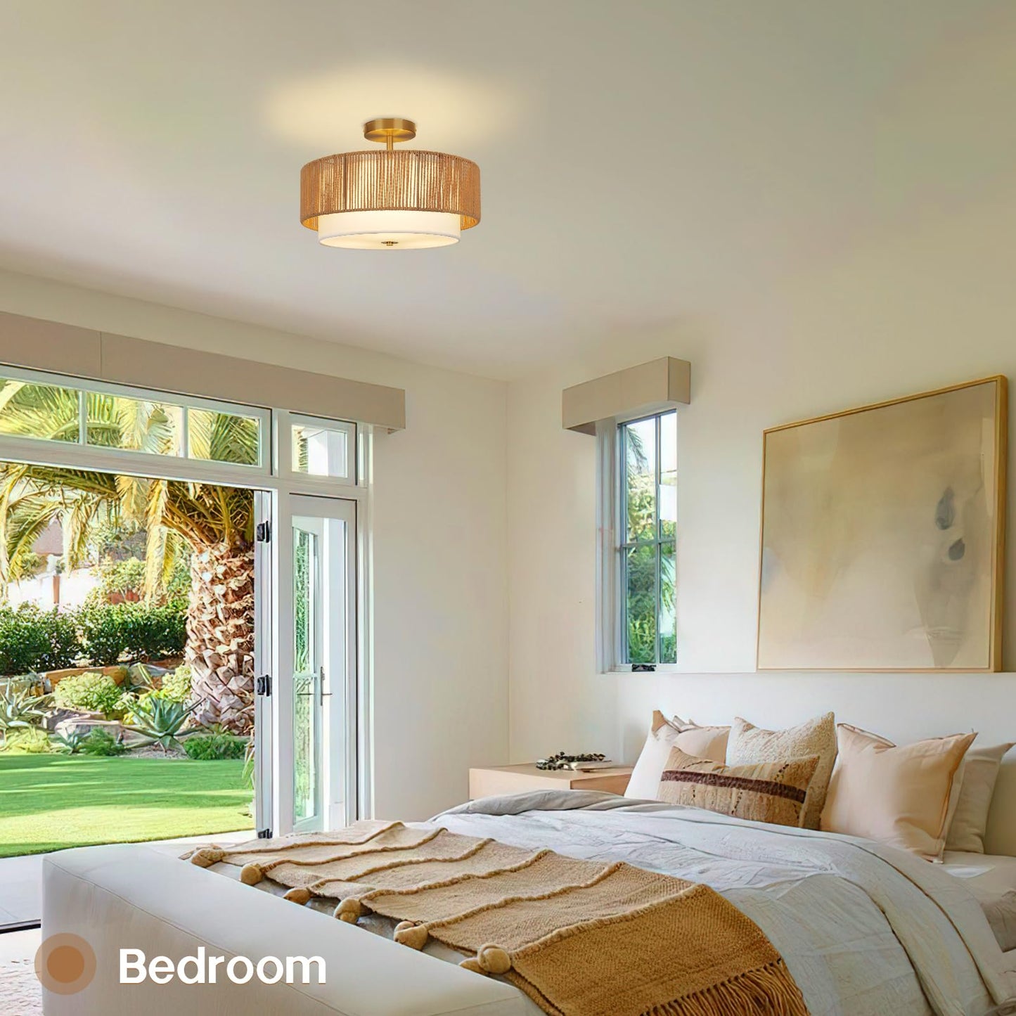 Scyvenra 16'' Semi Flush Mount Ceiling Light Fixture, Boho Light Fixtures with 2-Tier Drum White Fabric Shade, 3-Light Farmhouse Rattan Drum Light Fixture for Bedroom, Living Room, Kitchen