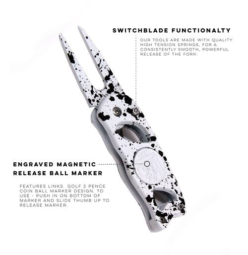Links Golf Divot Tool with Foldable Pop-up Button & Magnetic Golf Ball Marker - Patented Golf Divot Tool and Ball Marker - (Monochrome Drip)