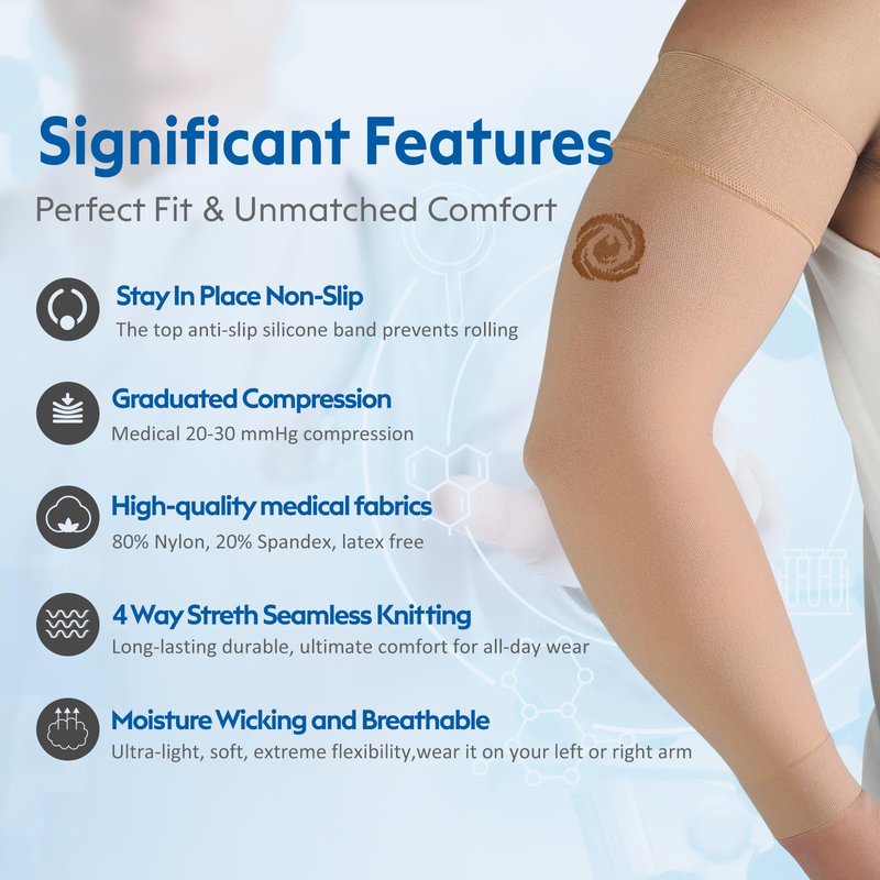 NURCOM® Medical Compression Arm Sleeve for Men Women, 20-30 mmHg with Silicone Band for Lymphedema, Lipedema, Pain Relief, Edema, Swelling, Post Surgery Recovery, 2 Pack, Beige M