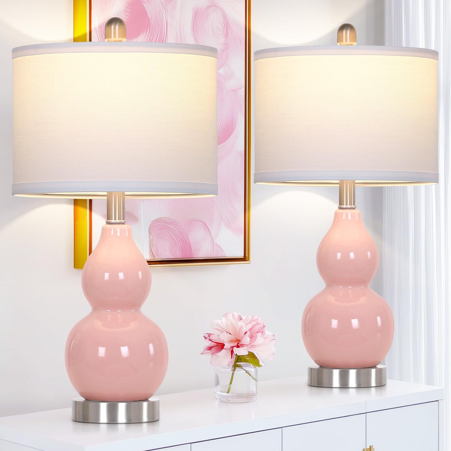 22" Double Gourd Ceramic Table Lamps Set of 2, Pink Modern Bedside Lamps for Living Room, Contemporary Nightstand Desk Lamps for Bedroom End Table Home Office Decor(2 LED Bulbs Included)