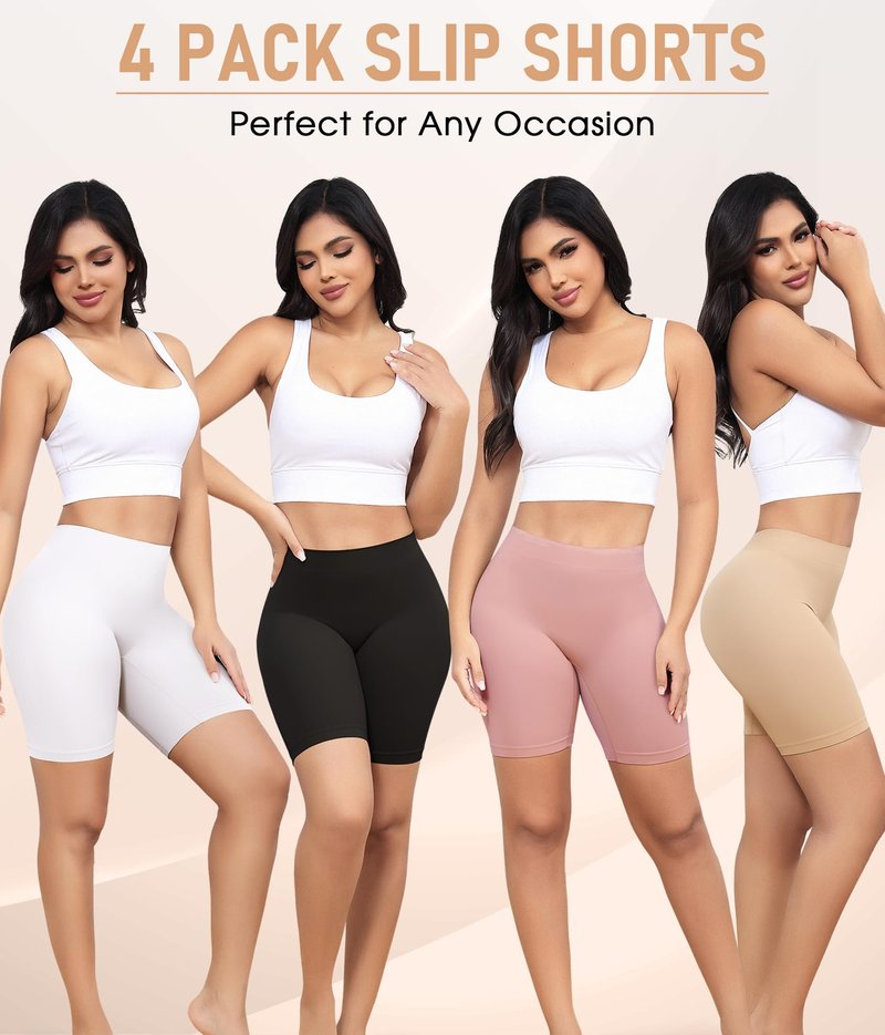Yeblues 4 Pack Slip Shorts for Under Dresses Anti Chafing Underwear Seamless Comfortable Smooth Yoga Biker Workout Shorts (Black White Nude Pink, L)