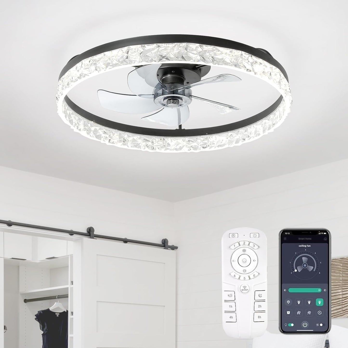 Flush Mount Ceiling Fan with Lights & Remote - 6 Speed Low Profile for Bedroom & Small Rooms