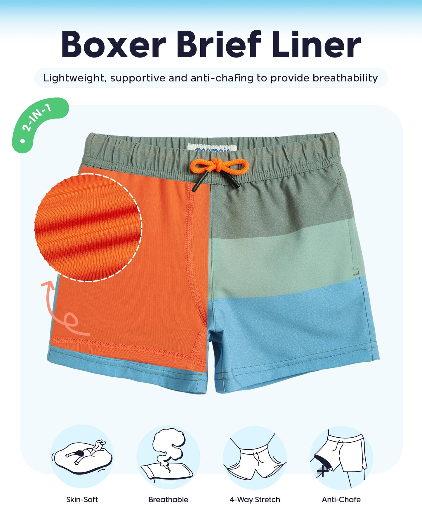 maamgic Boys Swim Trunks with Compression Liner Toddler Stretch Swim Shorts Quick Dry Swimming Trunks Boxer Brief 2 in 1 Beach Shorts Stripe Grayblue 8