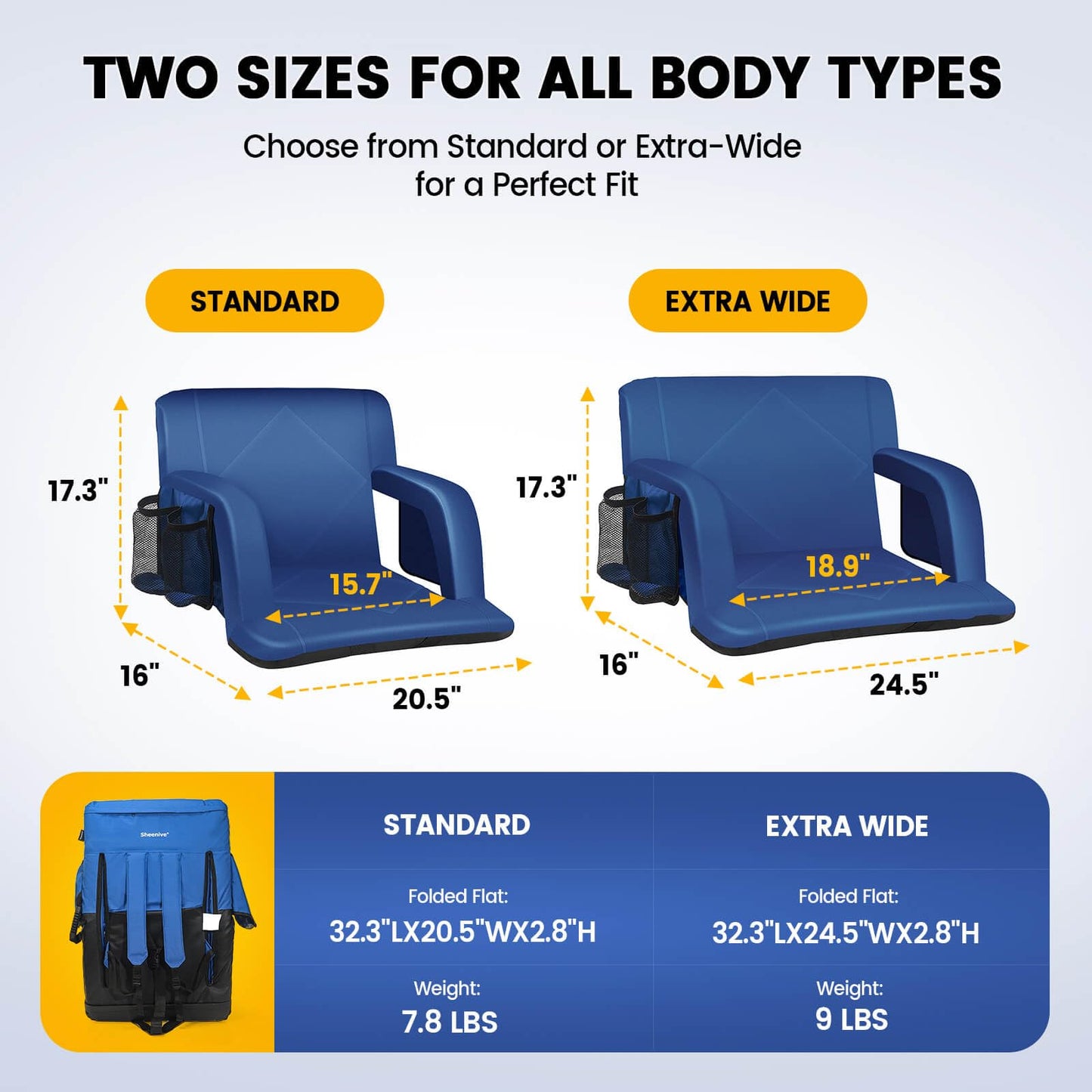Sheenive Stadium Seat with Back Support (2 Pack) - 2.8'' Thick Comfy Cushion, Wide Padded Reclining Bleacher Seat with Armrests - Includes Backpack Strap, Carry Handle, 2 Cup Holders & 2 Large Pockets
