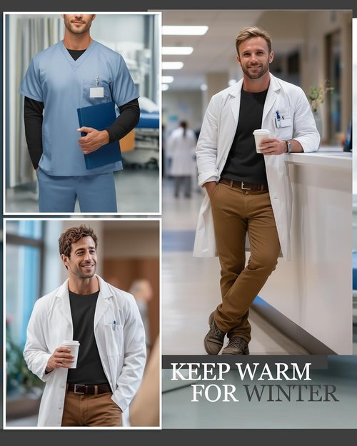 August Alley Men's Long Sleeve Underscrub Shirts - Stretchy Crewneck Work Tops | 4 Pack