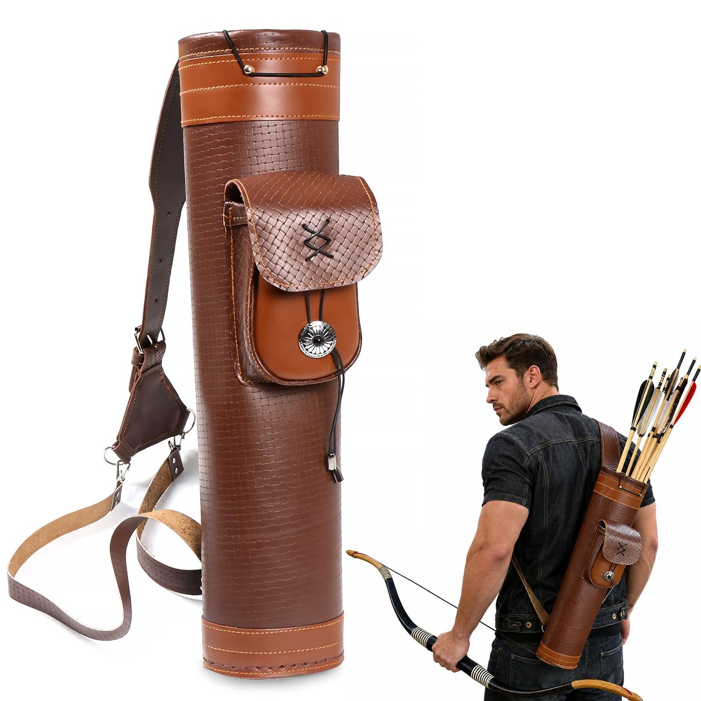 TOPARCHERY Traditional Shoulder Back Quiver Bow Leather Arrow Holder with Large Pouch Handmade Straps Belt Bag Brown