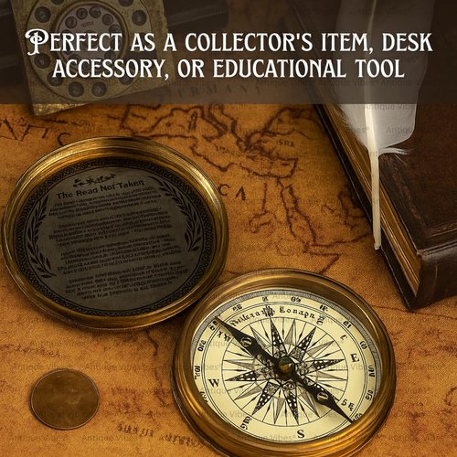 Brass Compass, Robert Frost Poem, Hiking Survival Navigation Tool, Decorative Collectible Gift to Son from Mom, Dad, Son Compass Gifts for Wedding, Anniversary, Baptism,