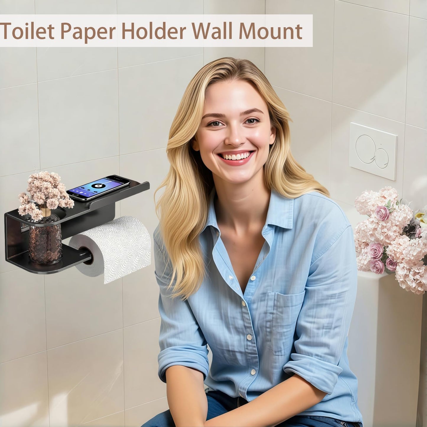 Toilet Paper Holder Wall Mount - Strong Adhesive or Screw Mount Bathroom Toilet Paper Holder with Shelf- SUS304 Stainless Steel Tissue Roll Storage - Holds Phone, Reed Diffuser(Matte Black)