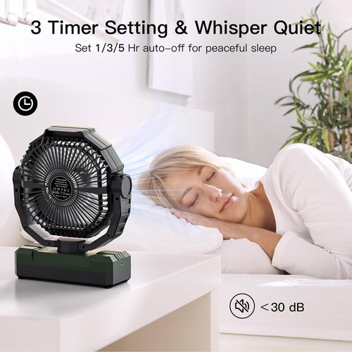 FRIZCOL 3-in-1 Camping Fan - Rechargeable Portable Fan with 24000mAh Battery, Light & Remote - Green