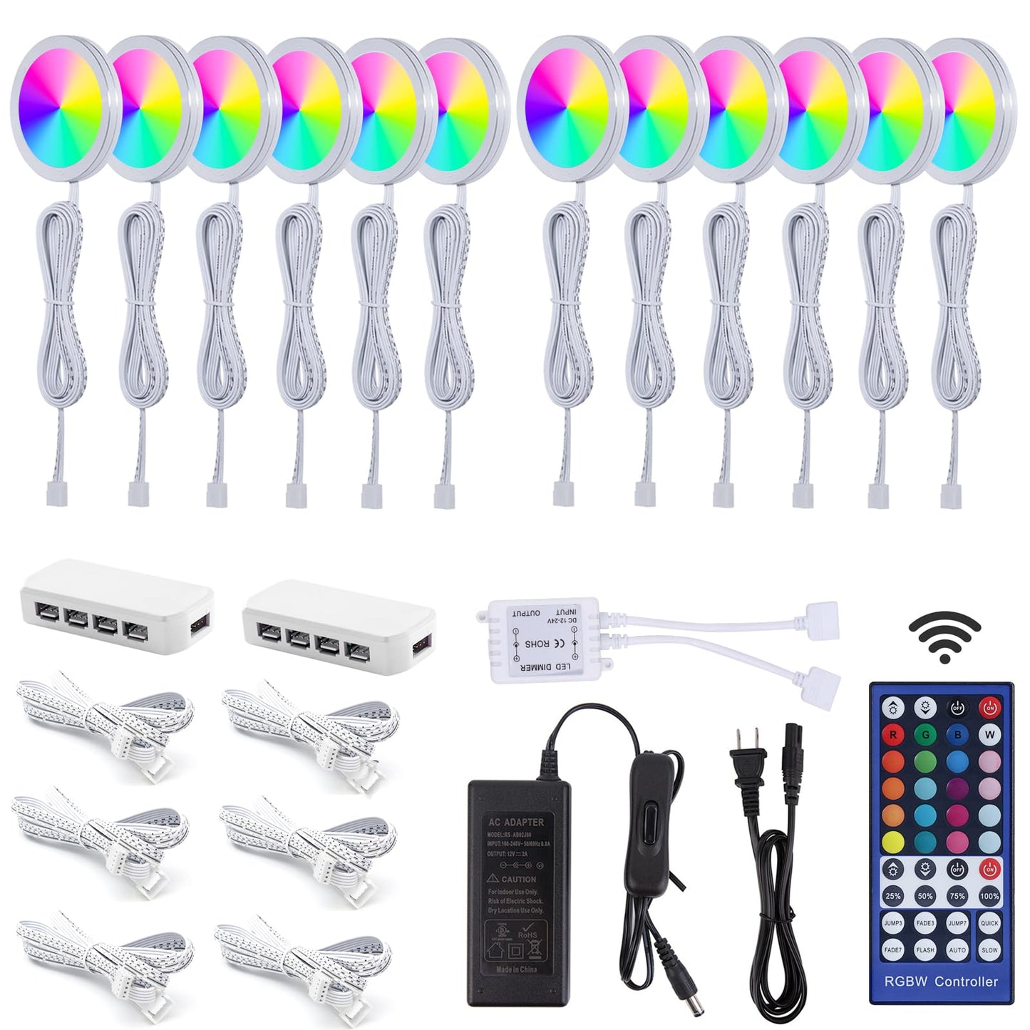 ANTOTEN Under Cabinet Lights, RGBWW Ultra Slim Puck Lighting Kit 12 Pack, Dimmable Counter Showcase Kitchen Lighting Fixtures, Puck Lights with Remote and 12V Plug in Adapter