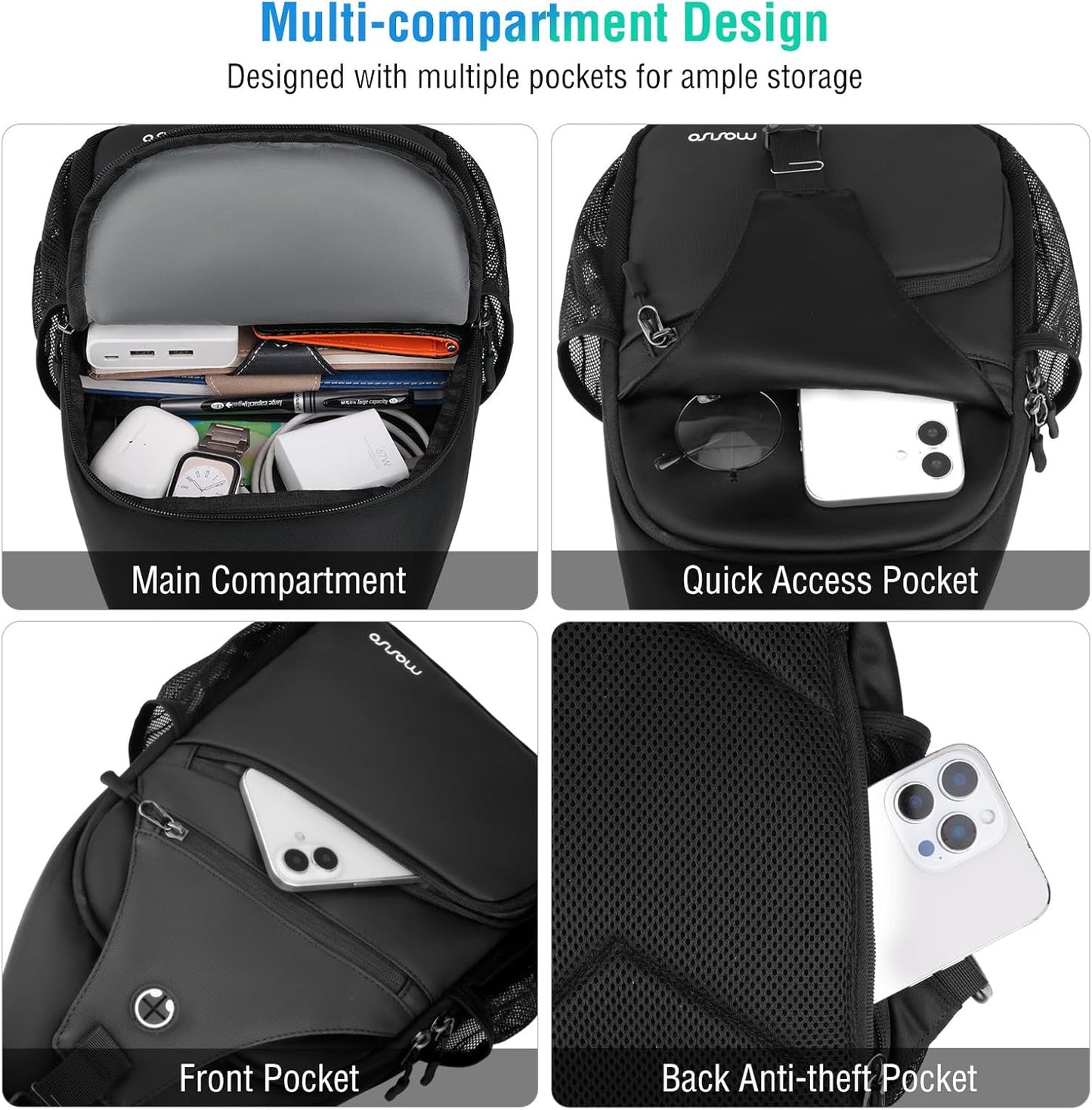MOSISO Crossbody Sling Bag - Versatile Travel Backpack for Men | Compact Black Chest Bag with Front Pocket
