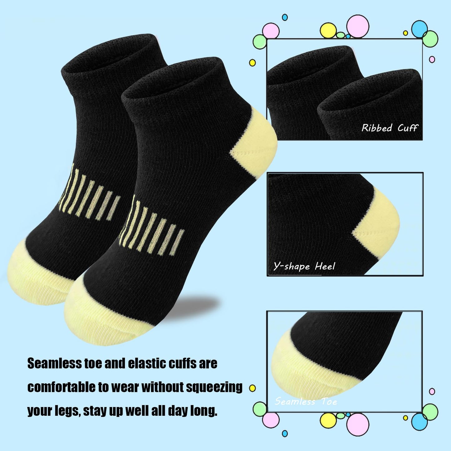 Tsmollyu Girls Socks 12 Pairs Ankle Socks for Girls Kids Athletic Cotton Sports Sock Running Low Cut Sock(7-10 Years)