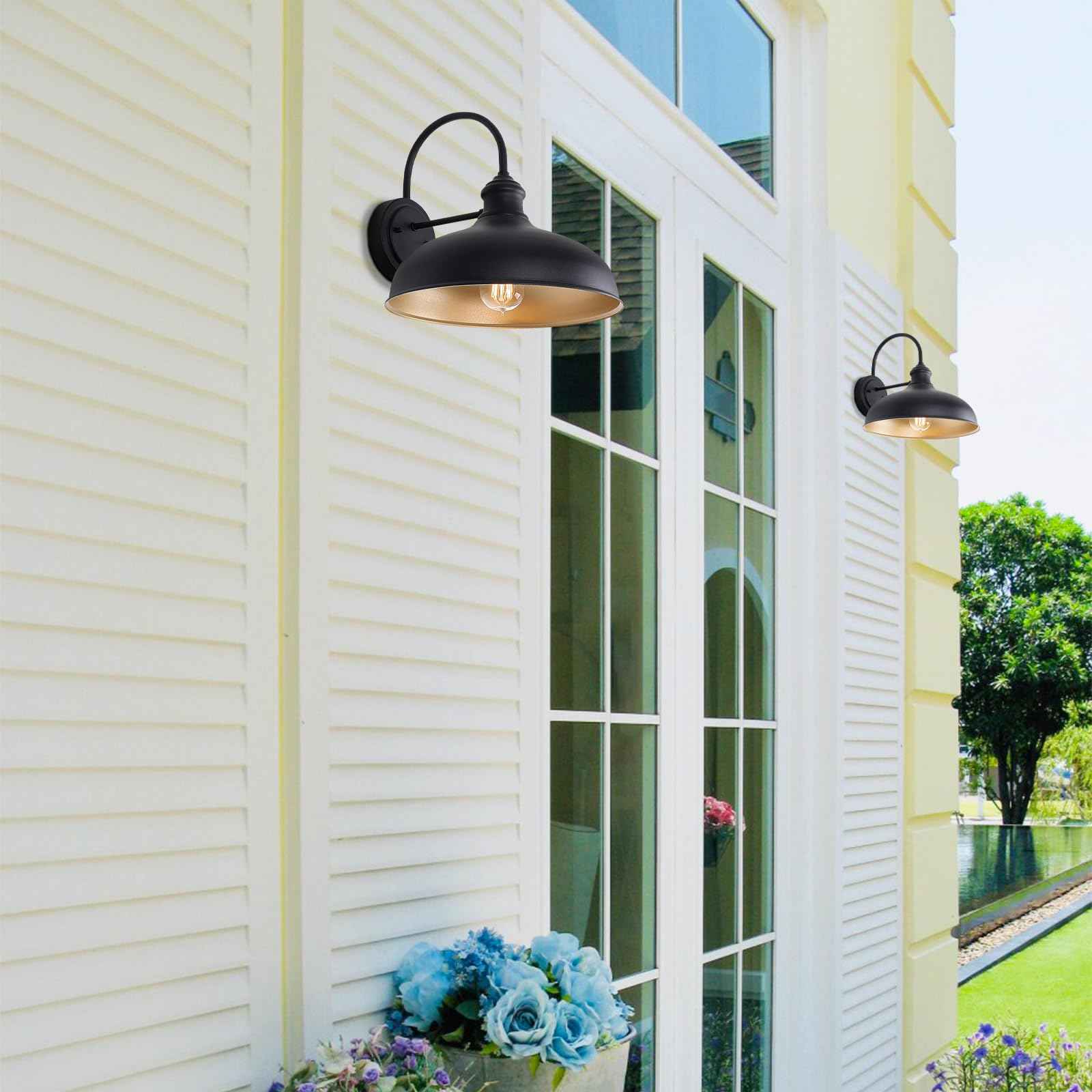 GOALPLUS 10" Dome Barn Lights for Farmhouse, Matte Black Gooseneck Outdoor Light Fixture, Exterior Porch Lighting with Wall Mount, Outside Goose Neck Wall Sconce for Patio