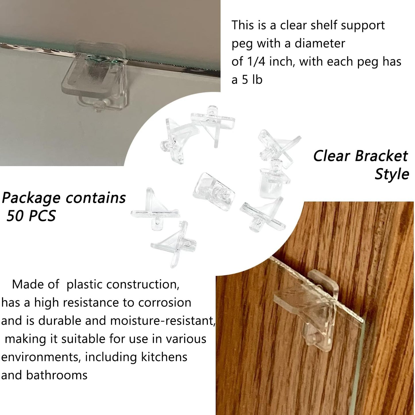 ARYEIELLSOW (50 Pcs) U 10136 Shelf Support Peg Fits 0.25" Holes for Kitchen Cabinet Closet Bookcase Shelves,5 lb Load Capacity,Clear Plastic Shelf Pins