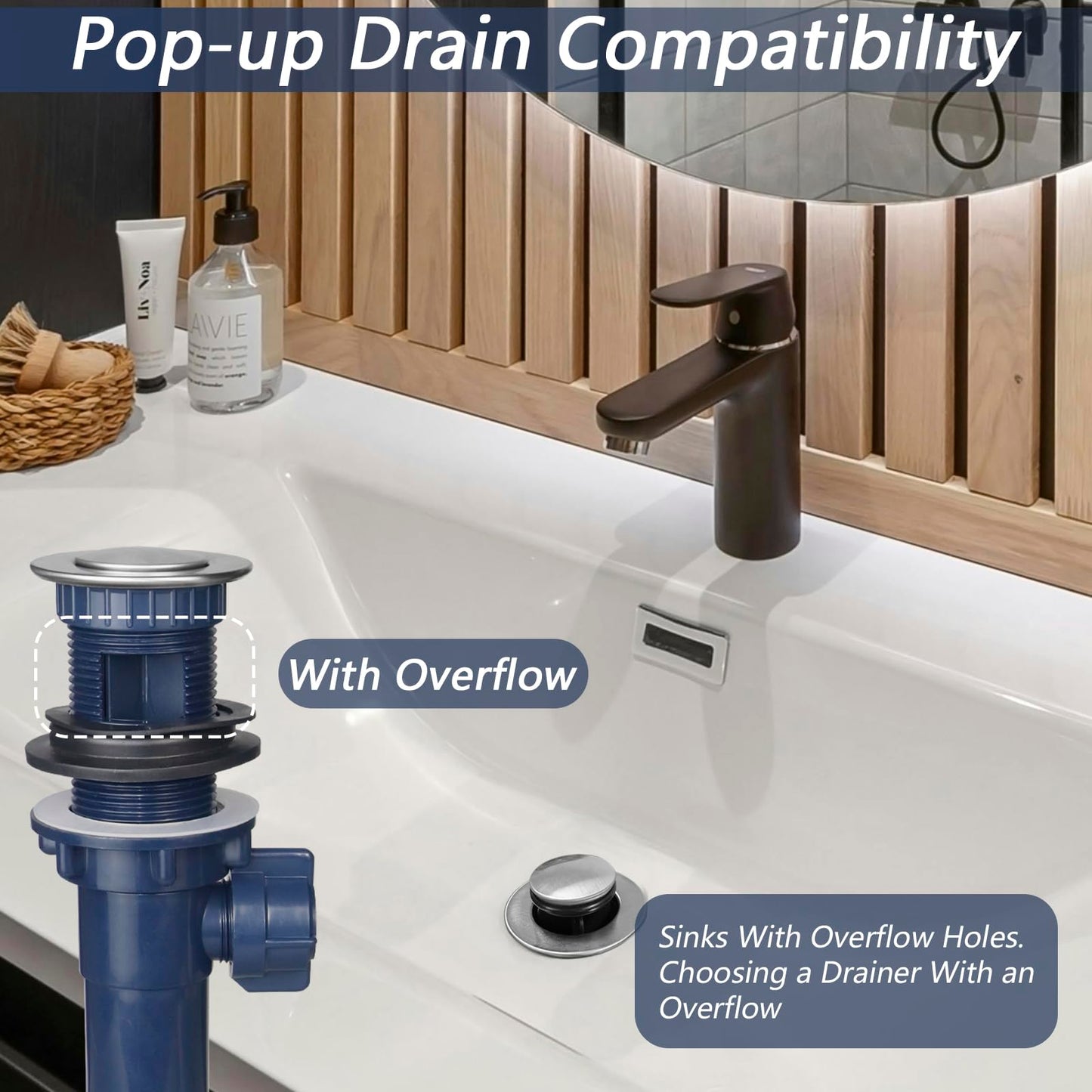 Bathroom Sink Drain with Lift Rod, Pop up Sink Drain Stopper with Lift Rod, Universal Sink Drain Stopper with Overflow, for Bathroom Vanity Sink, Lavatory, Fit Most Drains (Brushed Nickel