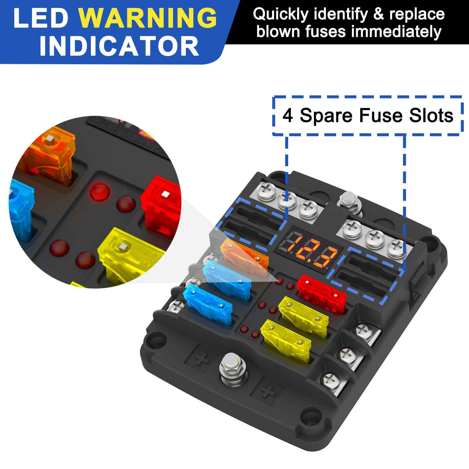 UCkasayfy 6 Way Fuse Block Box 12V/24V DC, ATC/ATO Fuse Panel with LED Display for Marine Boat Automotive Motorcycle