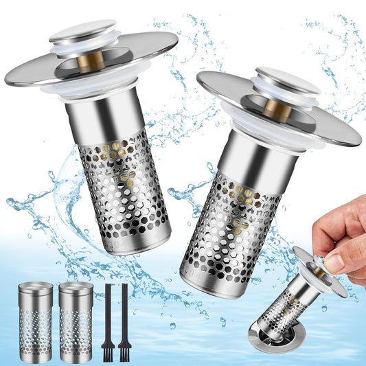 2 Pcs Universal 2-in-1 Sink Stop&Drain Strainer-Upgraded Pop-Up Design Sink Drain Plug Strainer with Stainless Steel Anti-Pooling Basket and Cleaning Brush for U.S. 1.1-1.6 Inch Drain Holes
