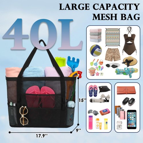 Fammart Large Mesh Beach Bag - Versatile Tote with Zipper Pocket for Family Travel & Pool Essentials