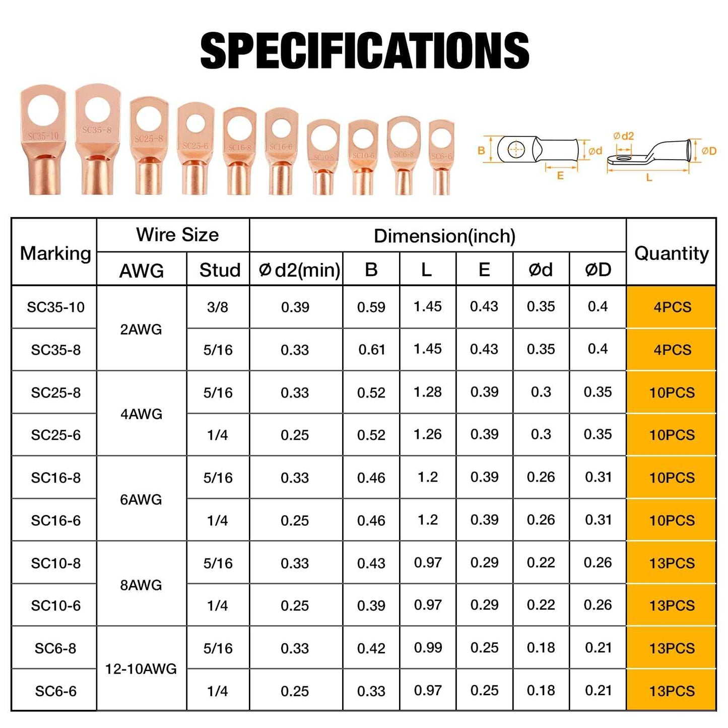 YUZES 200PCS Copper Wire Lugs AWG12 10 8 6 4 2 with Heat Shrink Set, Battery Cable Ends Ring Terminals Connectors, Crimp Terminals for Automotive, Marine, RV, Solar, Inverter & Audio Applications