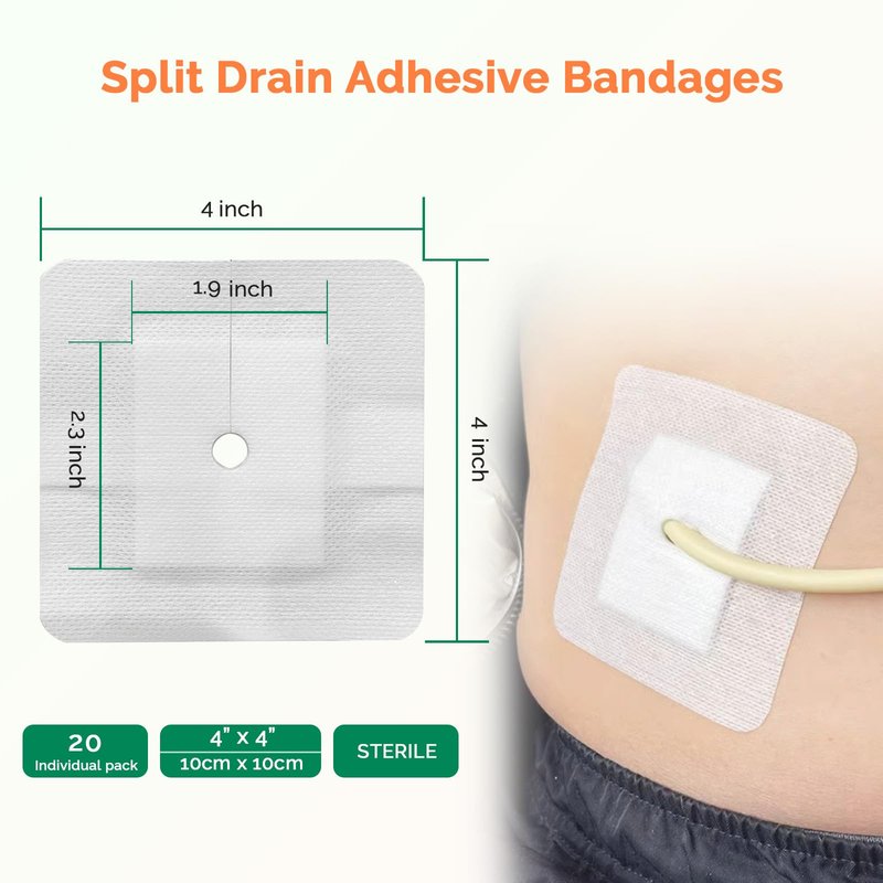 Split Drain Adhesive Bandages 4" x 4", 20Pcs PD Catheter Feeding Tube Pads G Tube Covers Foley Tubing Stabilization Device, Peritoneal Dialysis Accessories Catheter Patch Supplies