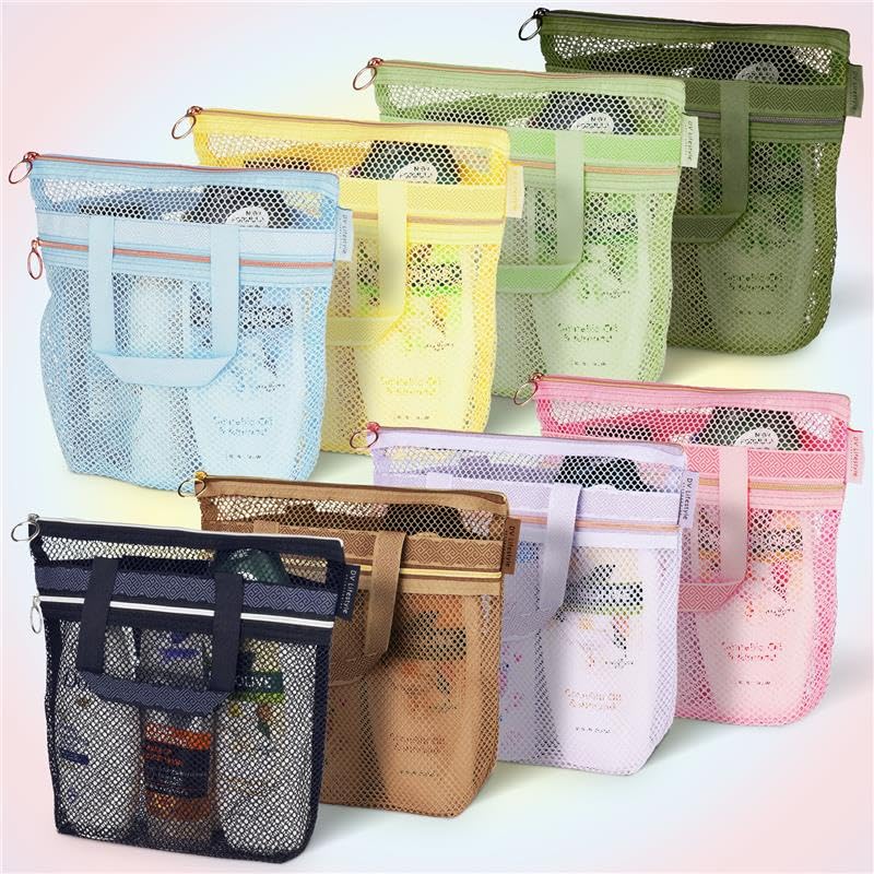 Mesh Shower Caddy - Quick-Dry Toiletry Bag with Zipper & Pockets - Small Light Green