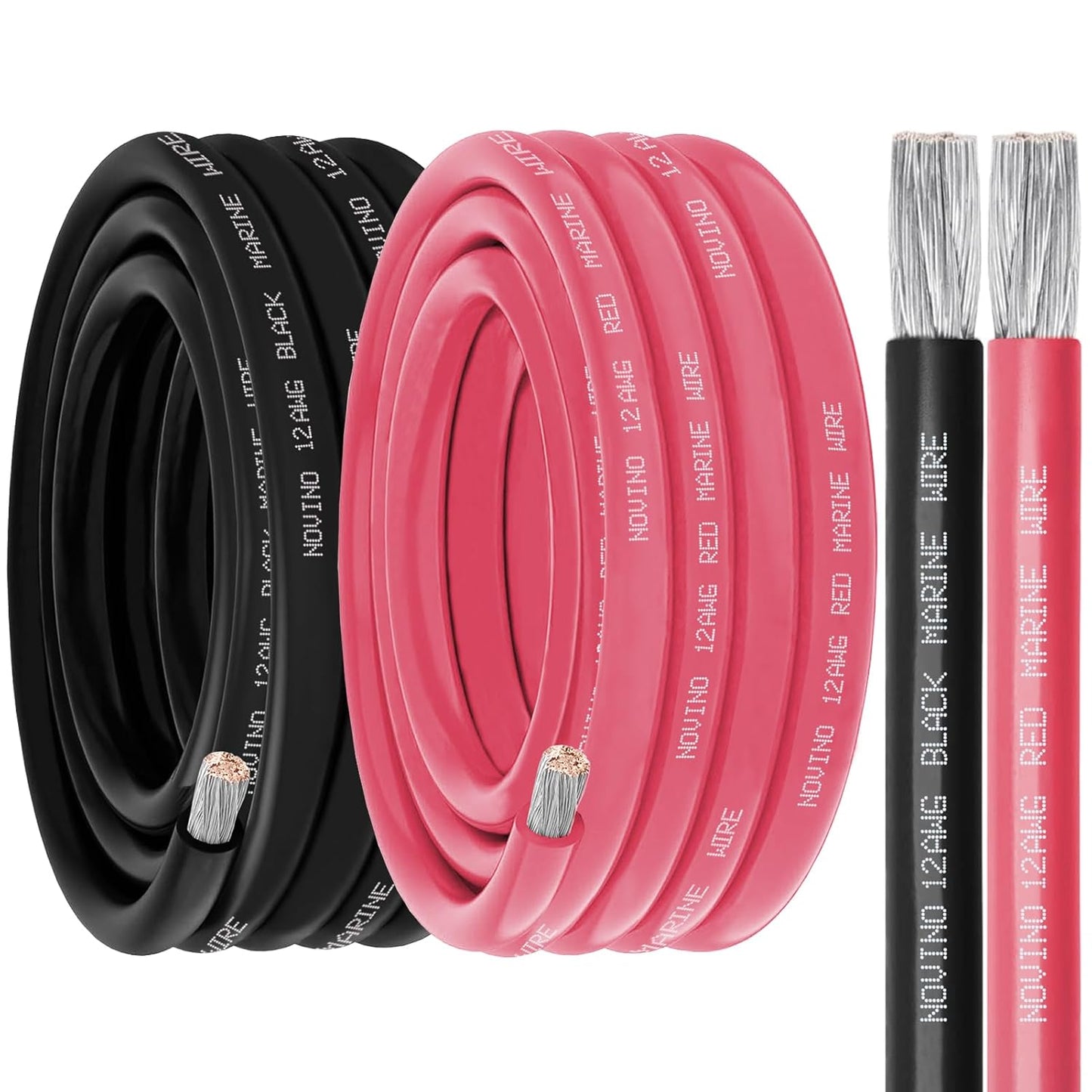 12 Gauge Marine Wire - 15FT Red & 15FT Black Tinned Copper Electrical Cable for Boats & Outdoor Use