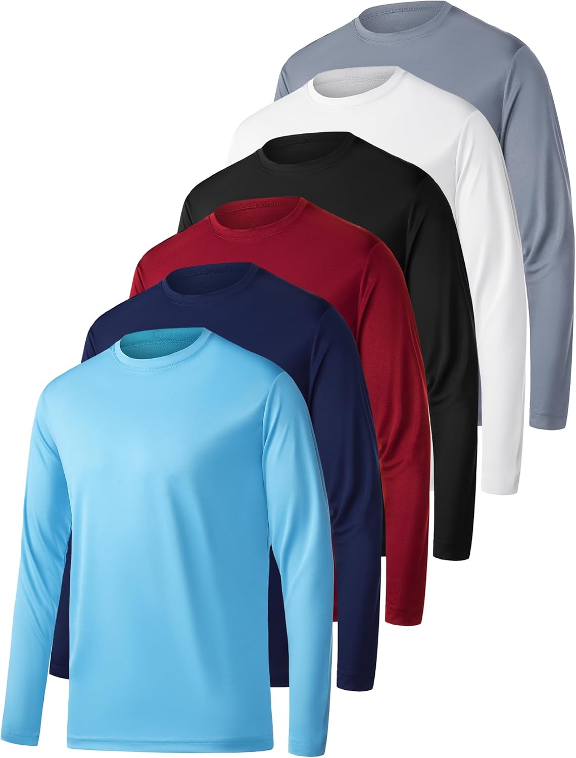 OYGSieg Long Sleeve Workout Shirts for Men - Moisture Wicking UPF SPF Sun Protection | 6 Pack Casual Tees