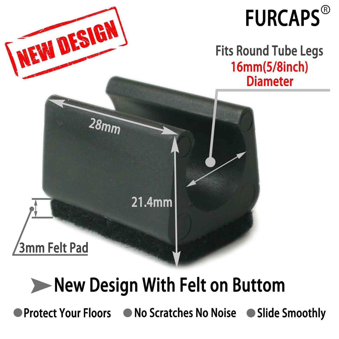 Rectangle U Shaped Chair Leg Tips Cap with Felt Pads,Furniture Feet Protector Slide Smoothly Glides,Protect Hardwood Floor No Scratches No Noise,Fit 16mm(5/8inch) Diameter Tubular Legs (Black 32PCS)