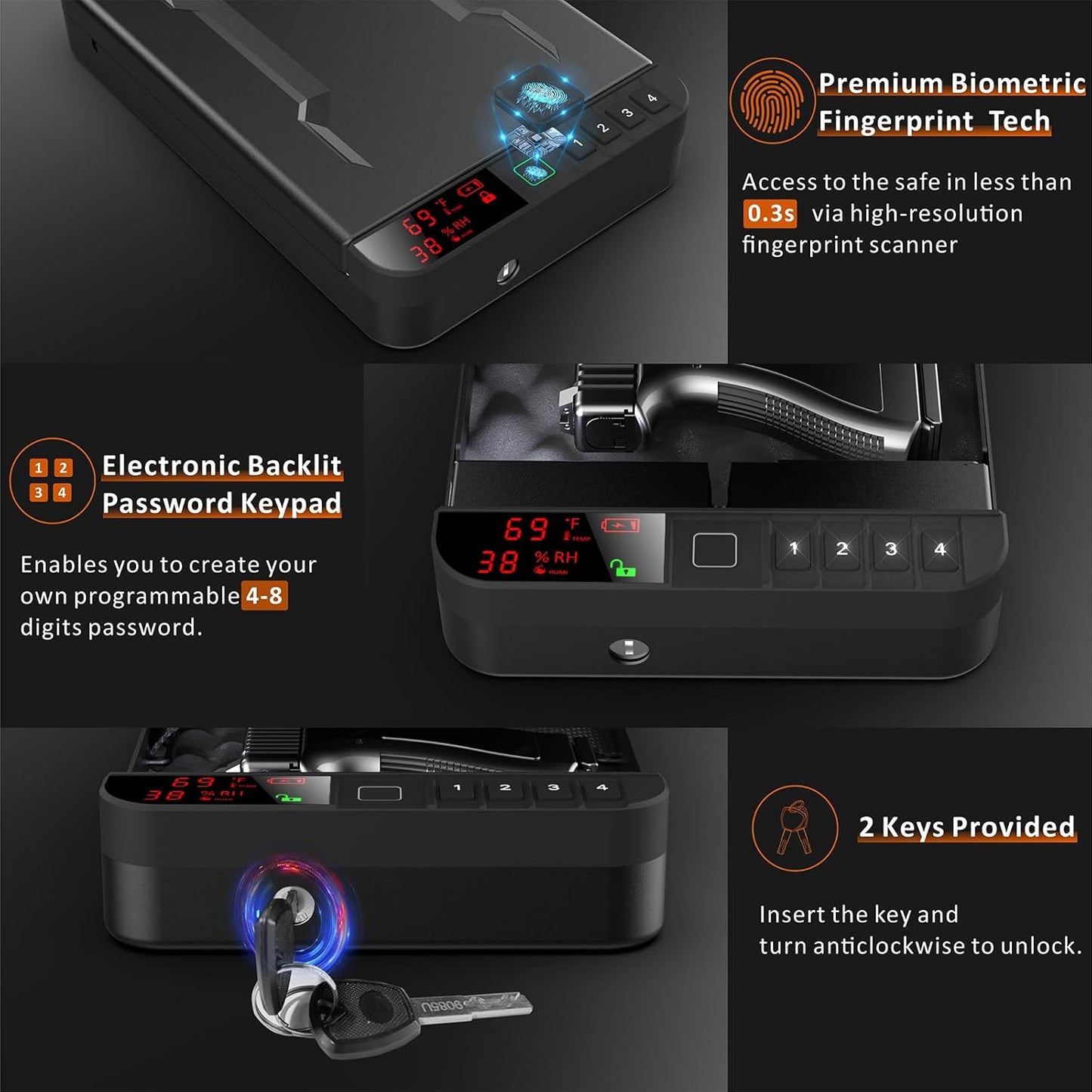 Z ZLJUAN Portable Gun Pistol Safe - Biometric Fingerprint & Keypad Lock | LCD Display, Black