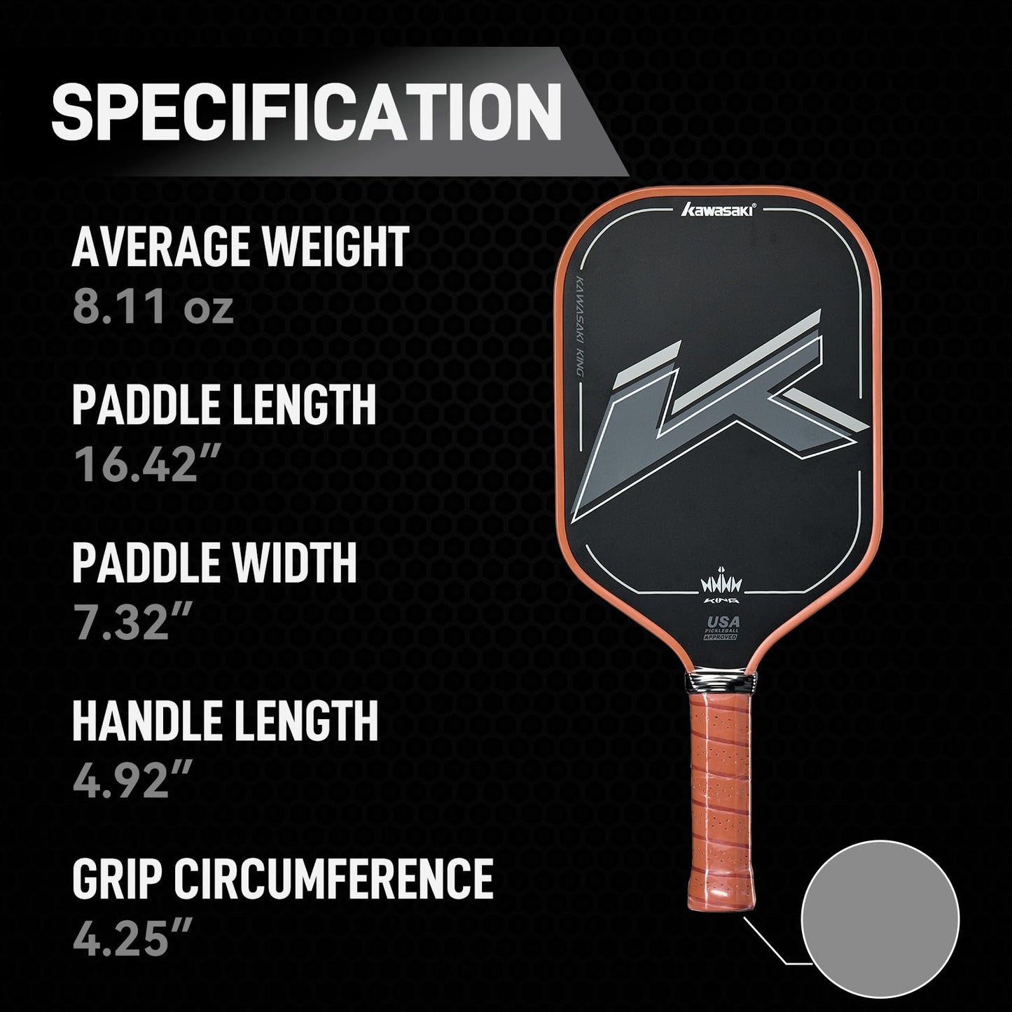 Pickleball Paddle, Kawasaki T700 Carbon Fiber (CFS)-USAPA Approved King Series Pickleball Racket 16mm for Tournament Level, with Cover Case/Grip (Black/RED)