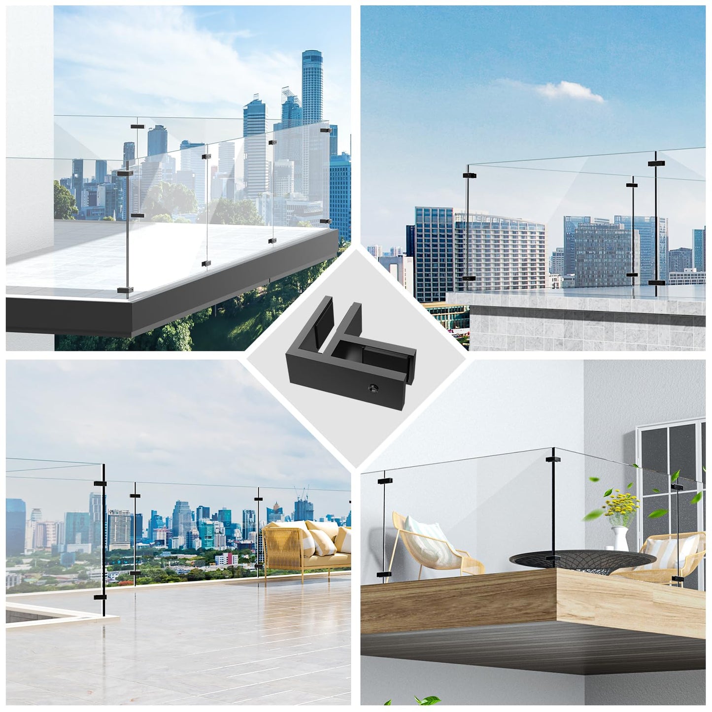 Gyykzz 8 Pack Black 90 Degree Railing Glass to Glass Clamp No Drilled Required, T304 Railing Clip Fit for 3/8"-1/2"(10mm-13mm) Thinkness Balustrade, Double Sided Bracket Holder for Fence, Balcony Deck